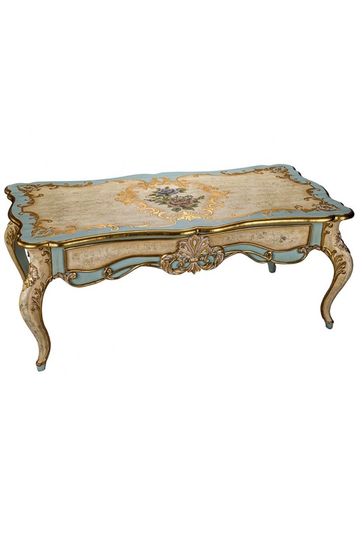 Porio Altın-turkuaz Çiçek Desenli Orta Sehpa 61x122
