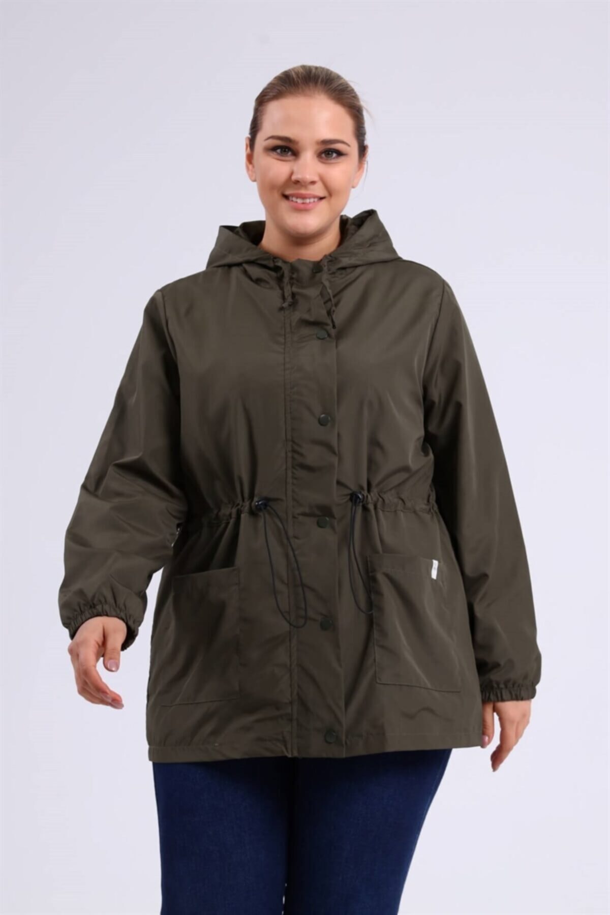 Moda Minerva Haki Renk Büyük Beden Astarlı Kapüşonlu Yağmurluk 2k7200bd