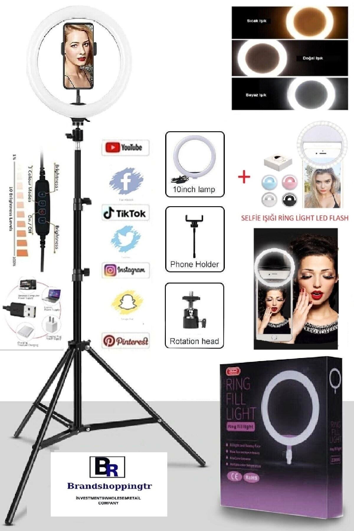 BST BRANDSHOPPİNGTR 10 Inç Ring Light 120 Led 24w5500k Youtuber Tiktok Tripod +taşınabilir Selfie Işığı Led Flash