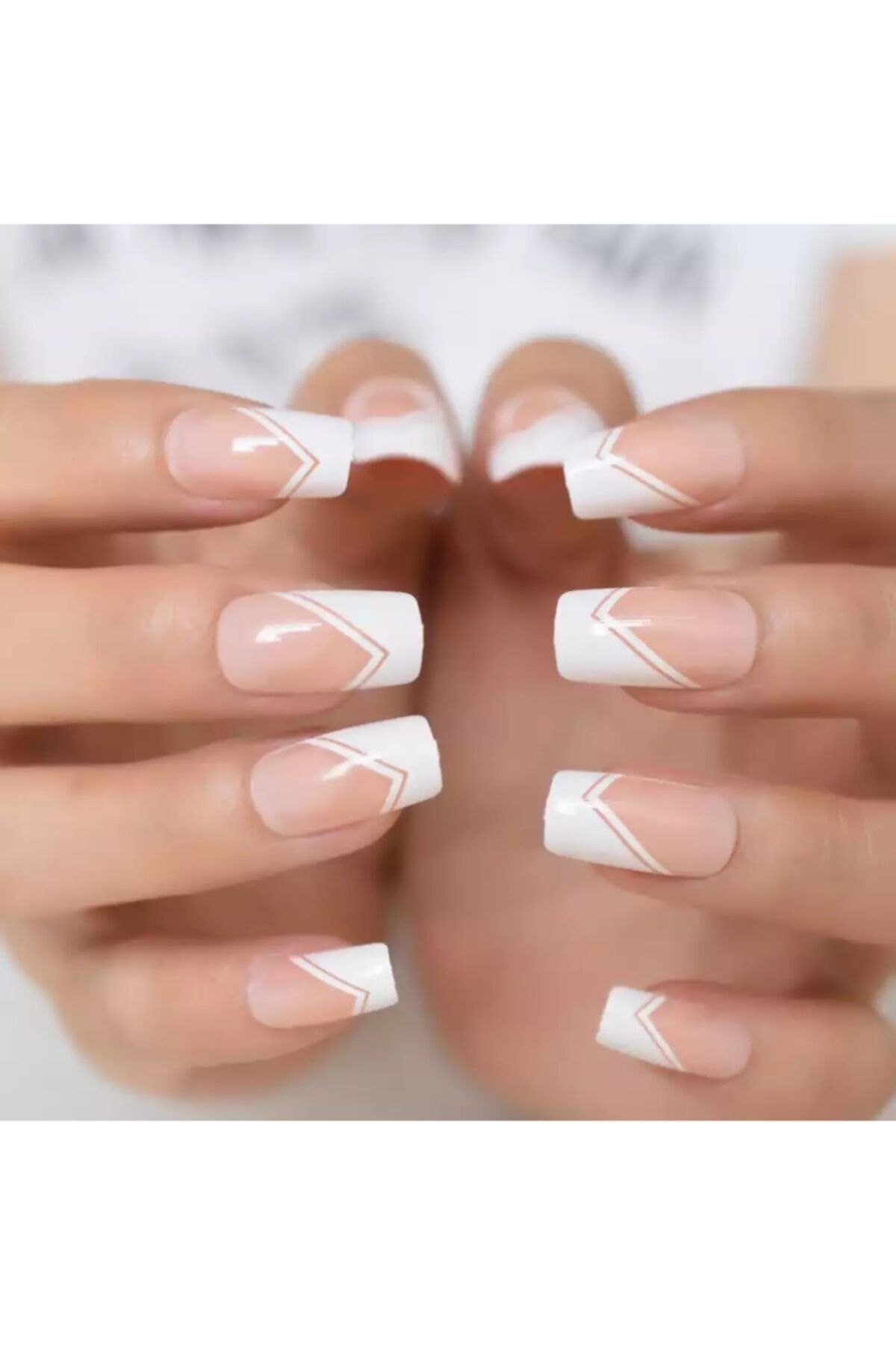 EDA LUXURY BEAUTY Pembe Beyaz V French Takma Tırnak Lüks Parlak Doğal Desenli Uzun Kare Nail Art Set