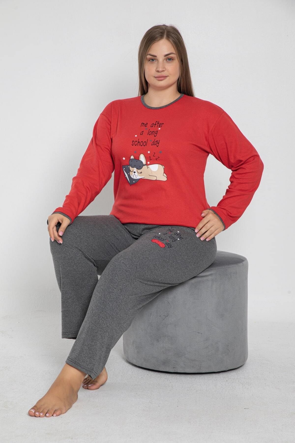 FAWN Bisiklet Yaka Long School Baskılı Interlok Geniş Beden Pijama Takımı