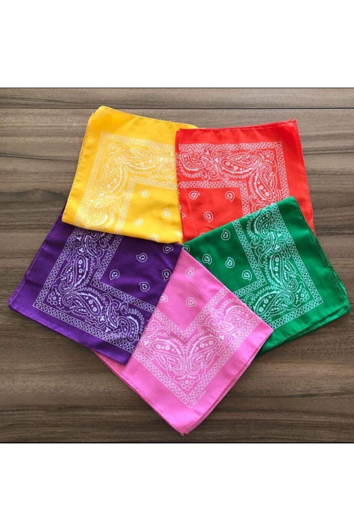 BANDANA MARKETİ Etnik Desen Bandana 5 Adet Kırmızı-Yeşil-Pembe-Mor-Sarı