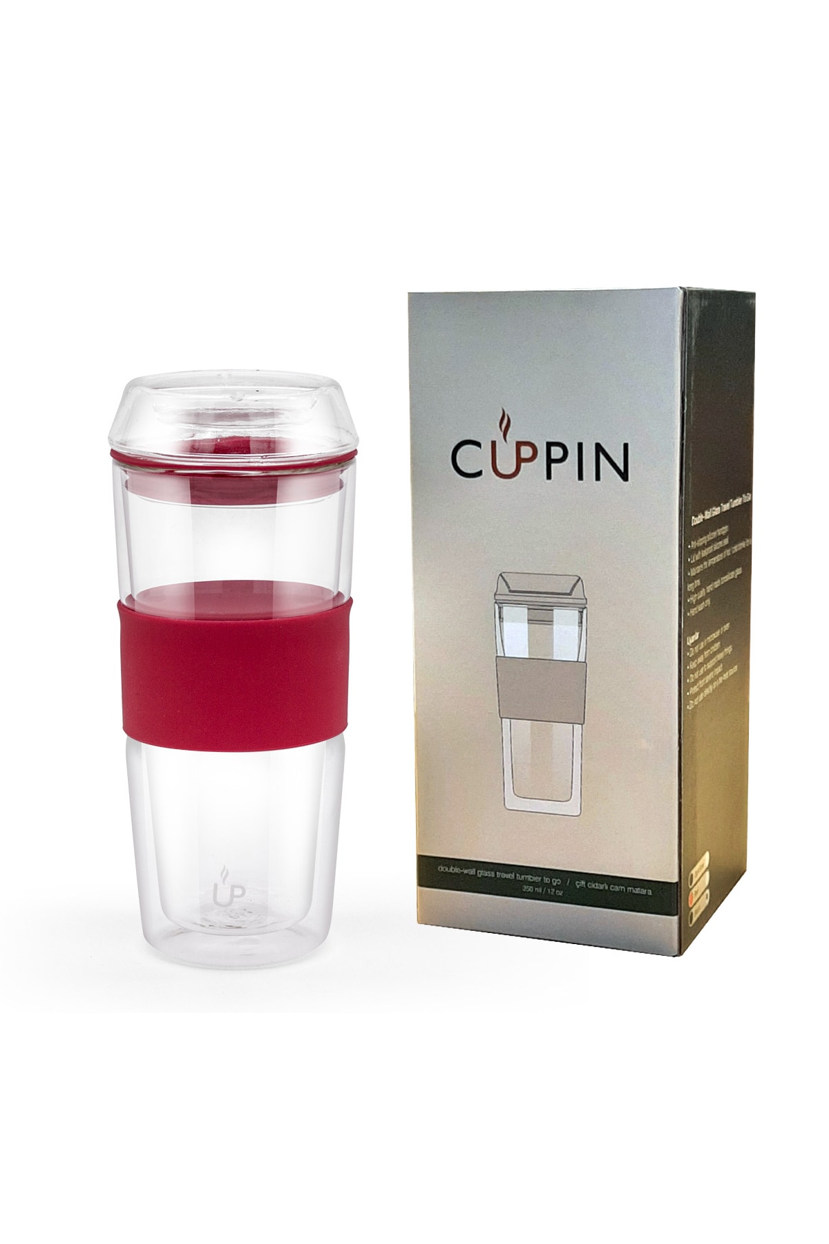 cuppin Çift Cidarlı Borosilikat Cam Matara Kırmızı 350 ml