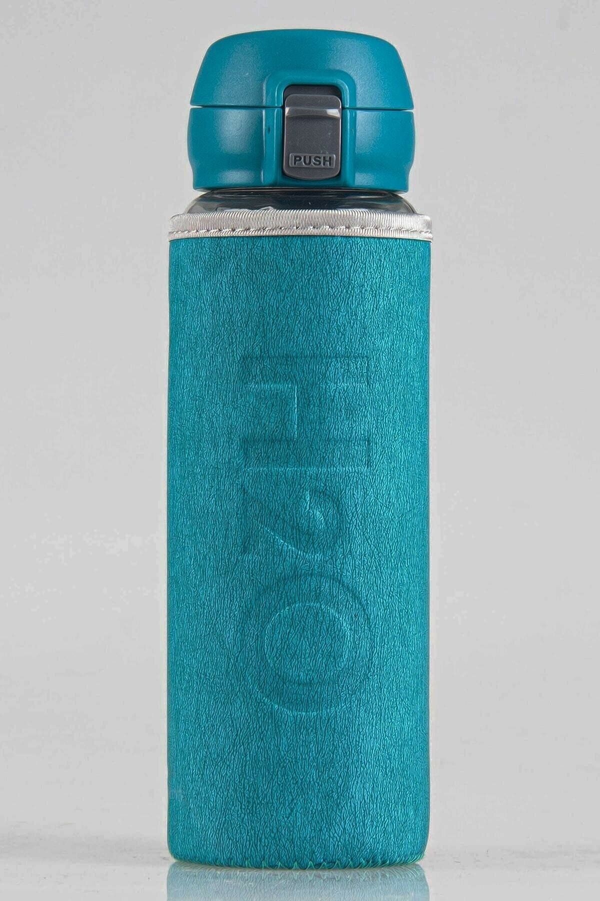 B23 TREND Deri Kılıflı Cam Matara Açık Mavi Kilitli Kapak 500 ml