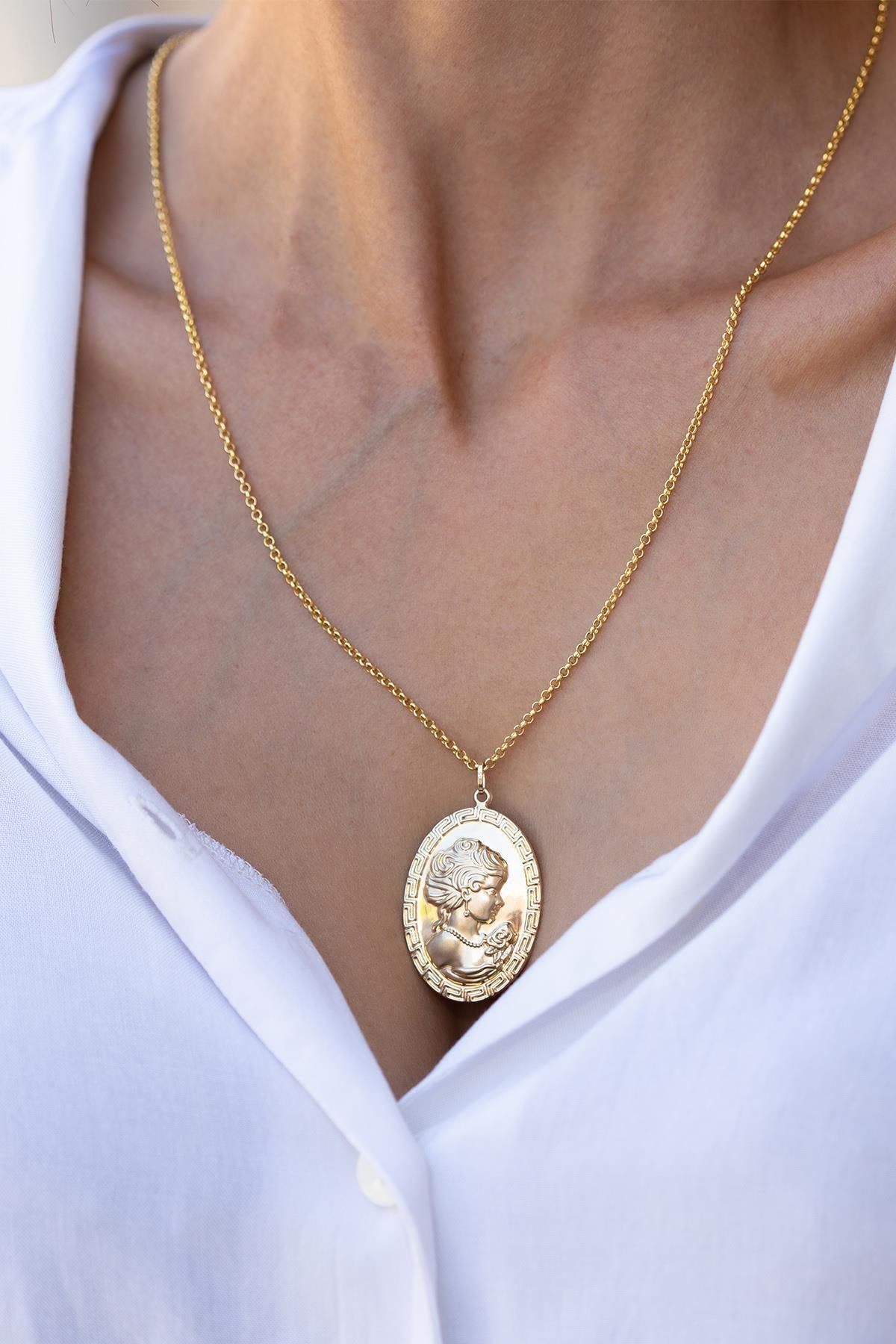 Bayar Gold 14 Ayar Altın Cameo Kolye Doç Zincirli