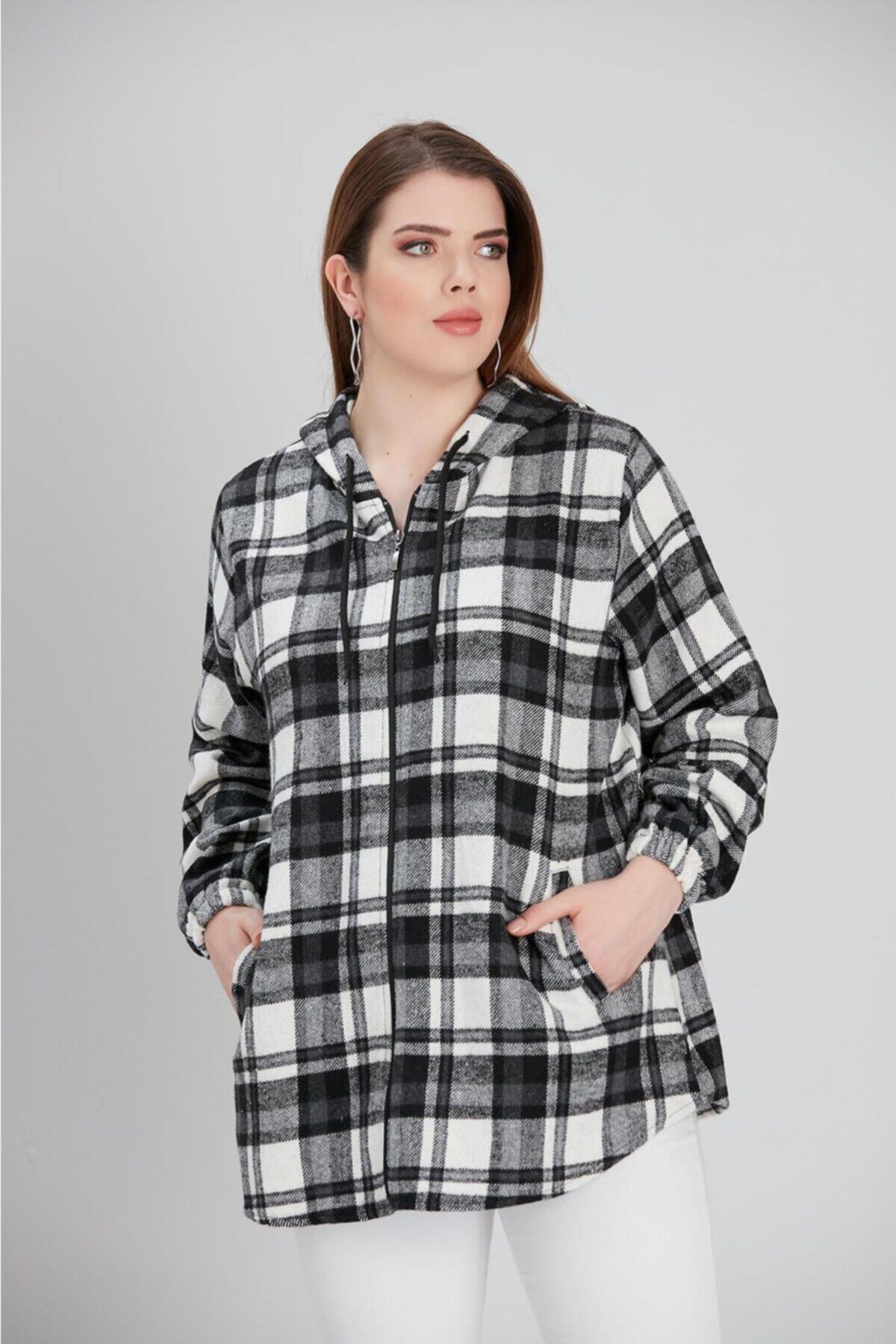 For Big Trend Kadın Ekose Fermuarlı Cepli Kalın Oduncu Kapüşonlu Sweat