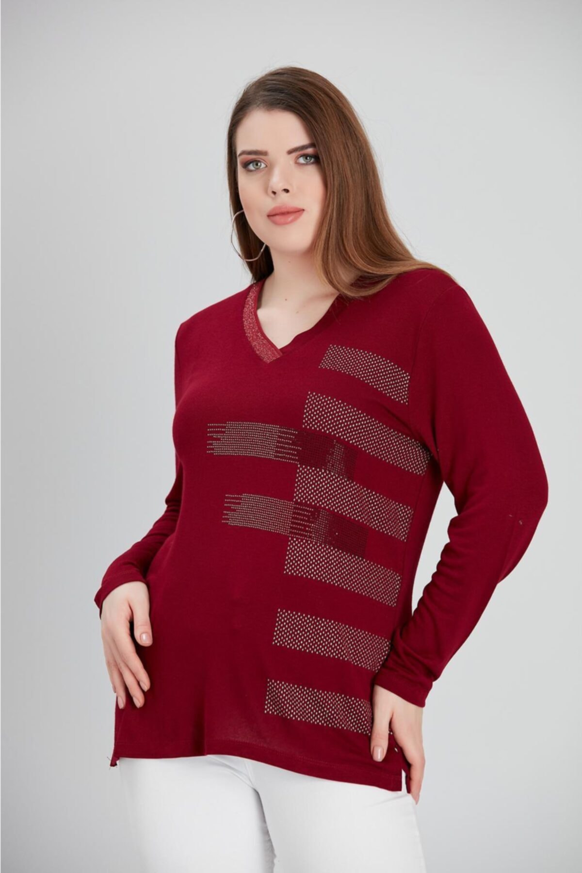 For Big Trend Kadın V Yaka Simli Ön Taş Işleme Bluz