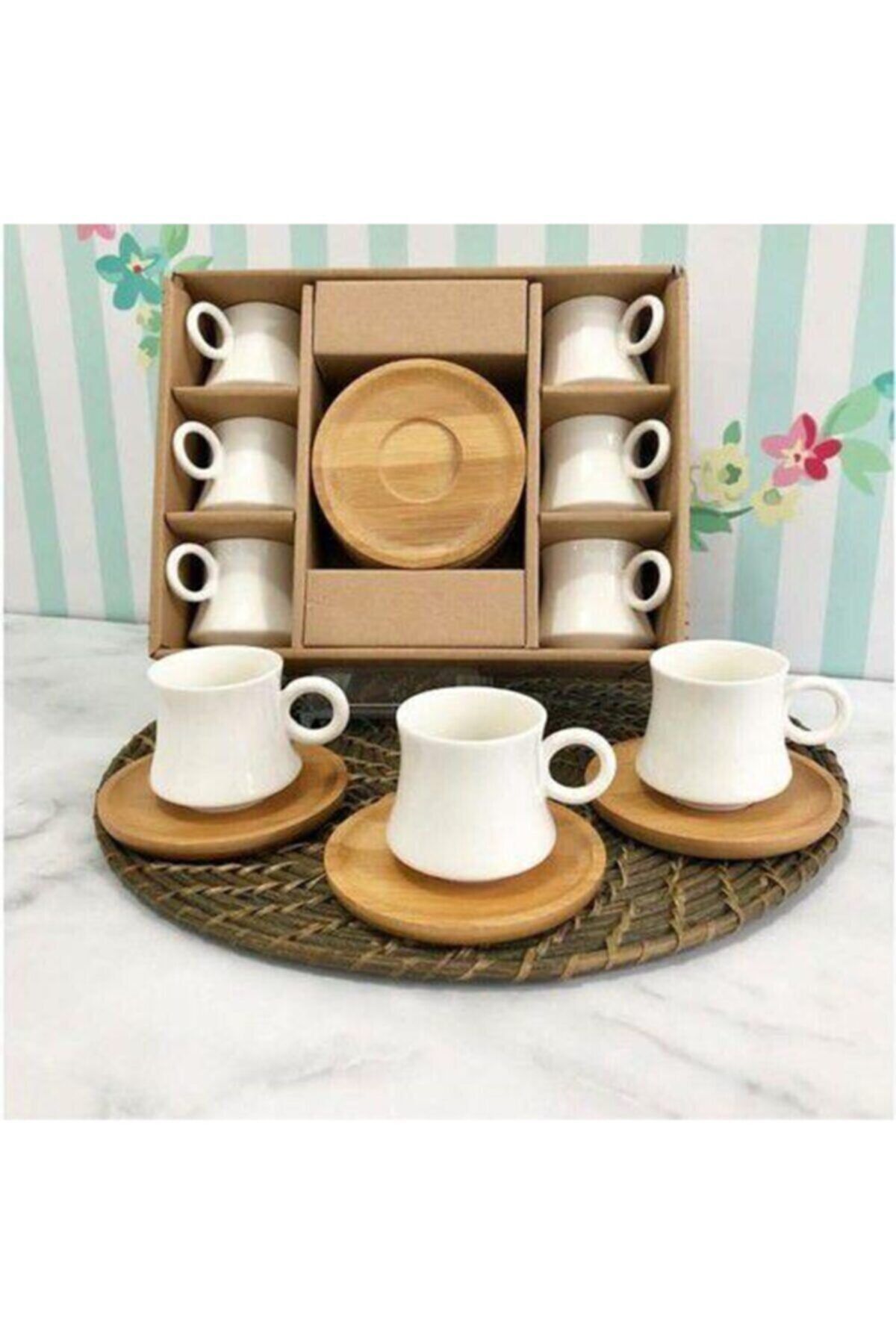 kukla home Bambu Tabaklı 12 Parça 6 Lı Kahve Fincan Takımı Fincan Seti Bambu