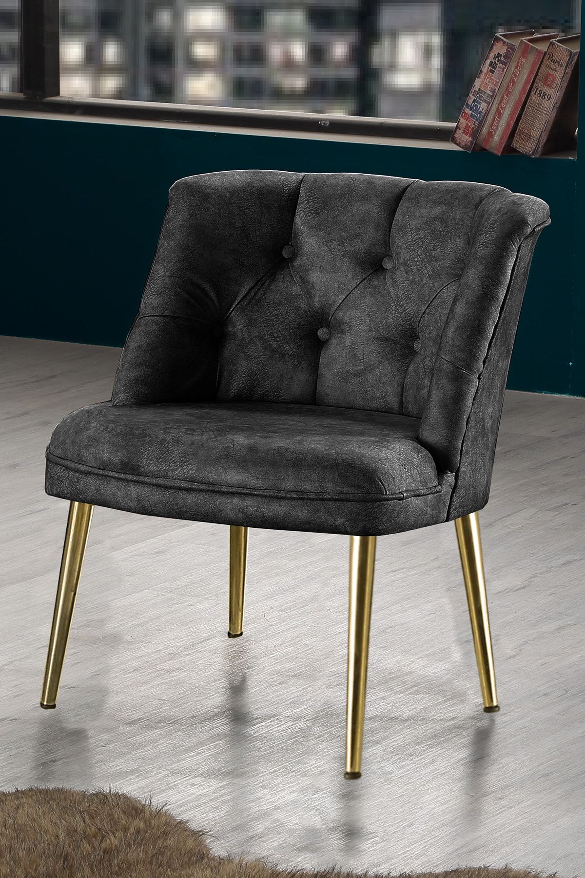 VIANEM Balkon Ofis Cafe Bahçe Çay Seti Kolsuz Berjer  Gold Metal Ayak Füme