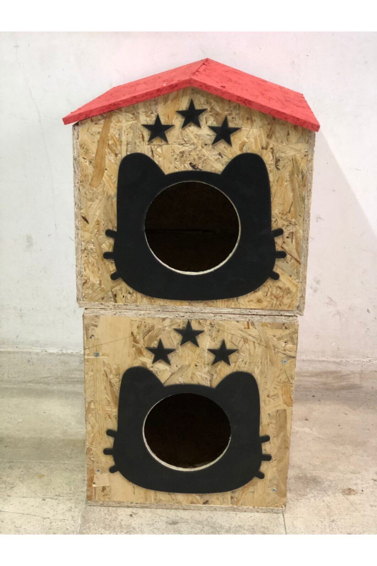 Ahşap Pusula Ahşap Dublex Ayrılabilir Kedi Yuvası 2 Katlı Kedi Evi