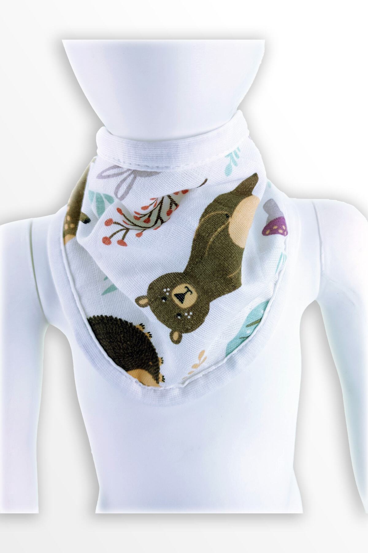 Ponçikya Organik Pamuk Müslin 2'li Set Su Geçirmez Mama Önlüğü / Boyunluk - Sevimli Orman