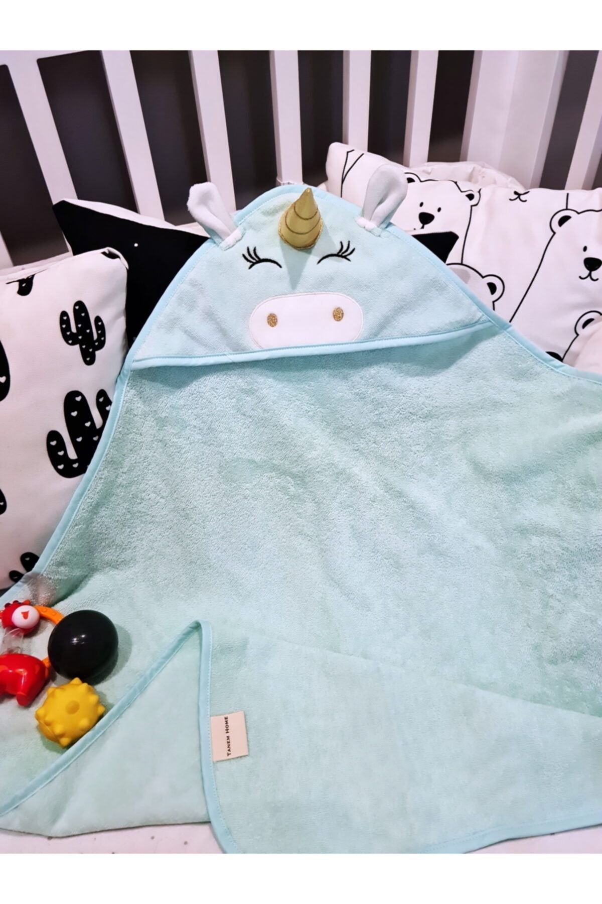 Tanem Home Mint Nakışlı 3d Unicorn %100 Pamuk 80x80 Cm Bebek Havlu Kundak