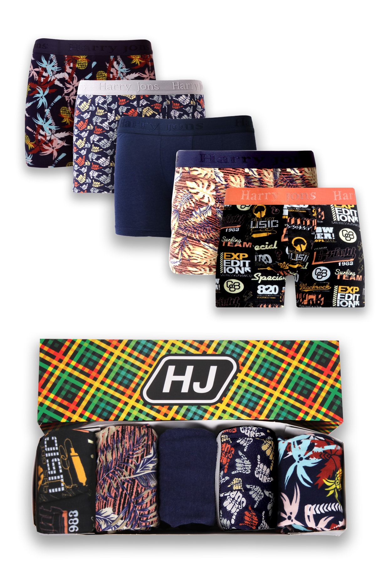 Harry Jons Erkek 5'li Desenli Renkli Pamuklu Premium Paket Boxer Yeni Yıl, Yılbaşı, Hediyelik