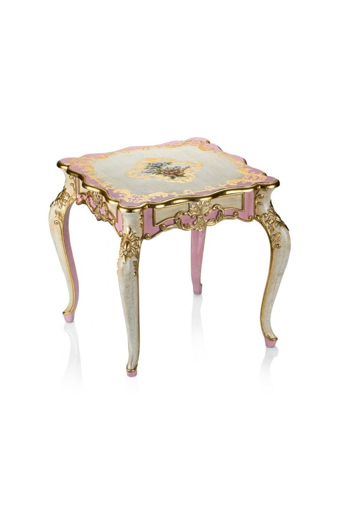 Porio Pr58-1038-Altın-Pembe Çiçek Desenli Yan Sehpa 63*63