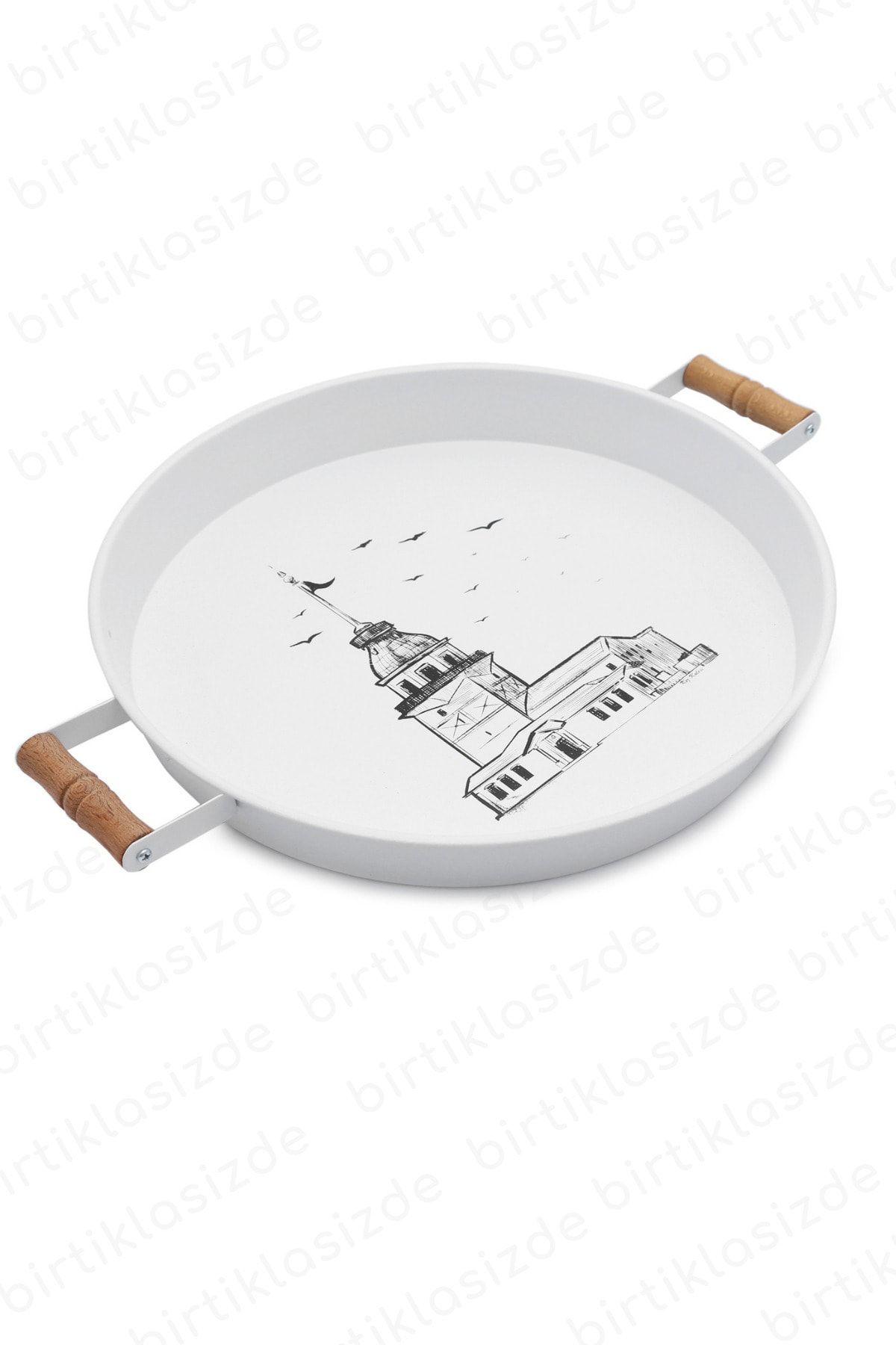 kitchen trend Beyaz Tepsi Ahşap Kulplu Metal Tepsi ,Servis  Sunum  Çay Country Tepsi 37cm Tepsi Kız Kulesi Baskılı