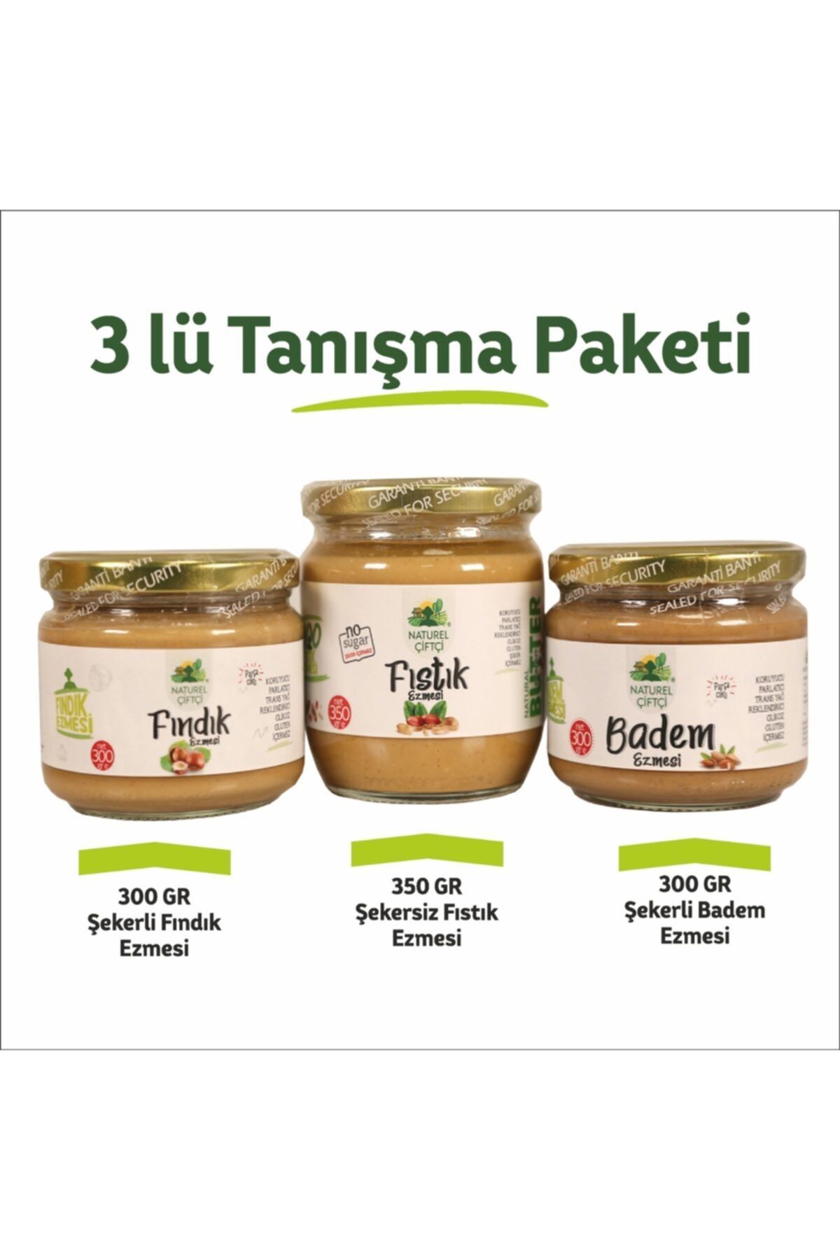 Naturel Çiftçi Ntezme09 Tanışma Paketi Fıstık(şekersiz),fındık,badem Ezmesi 3lü Set 950gr