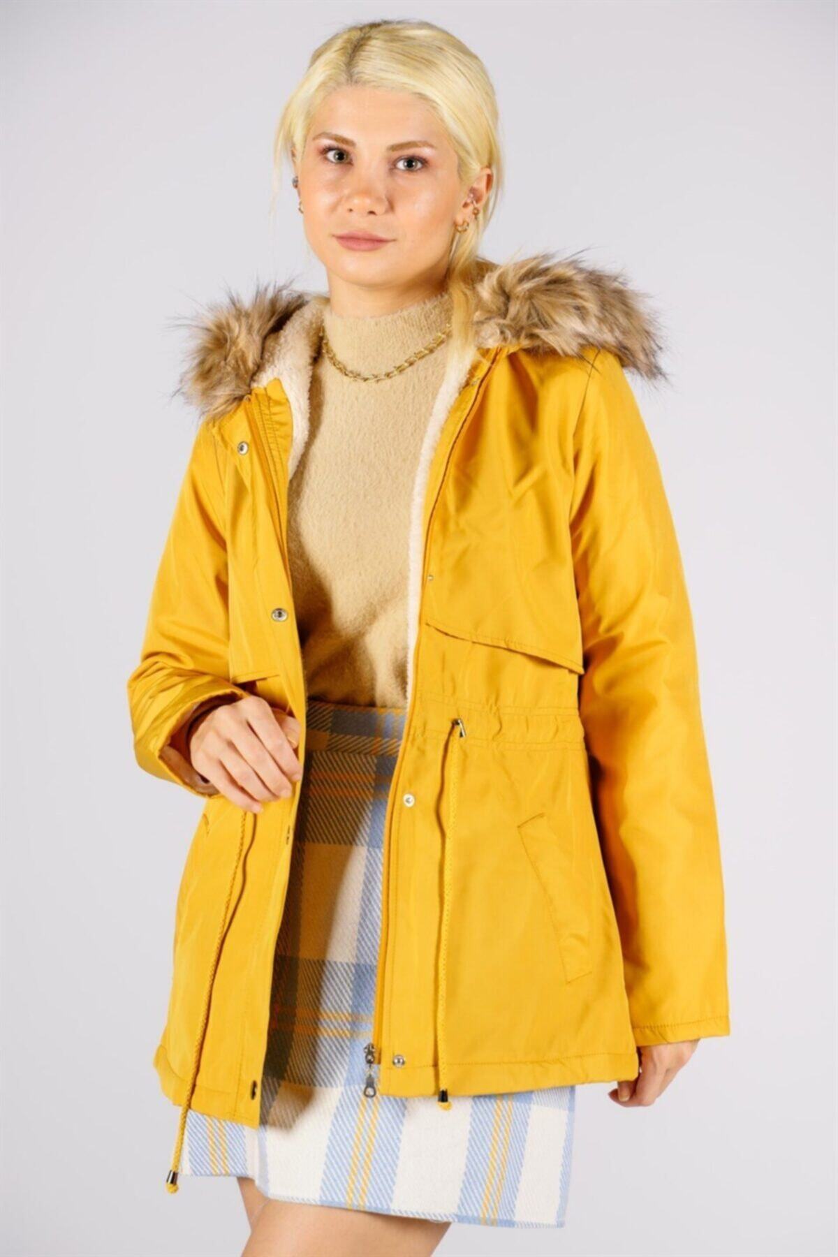 PRANGA Içi Kürklü Kapüşonlu Mont-hardal Sarısı