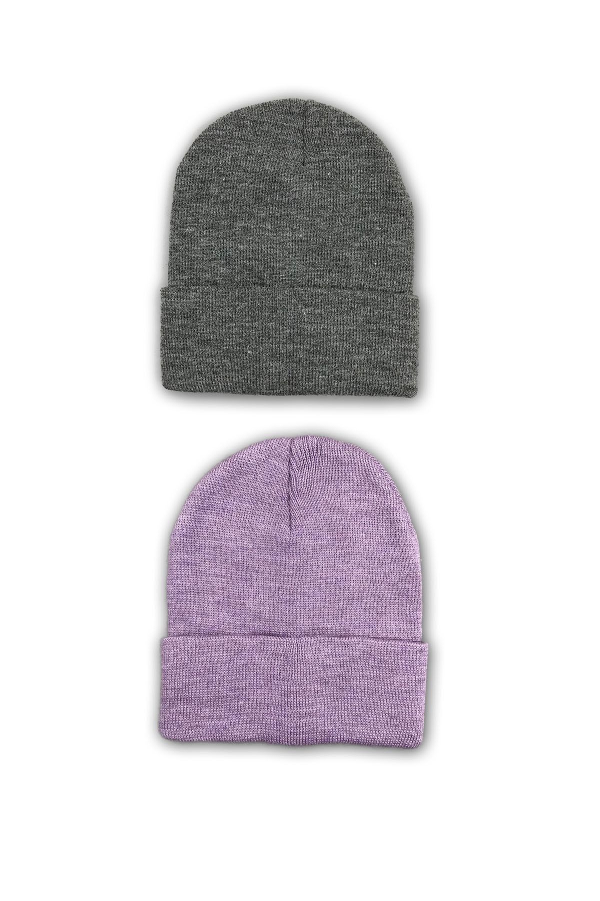 EMH 2 Adet Unisex Basic Düz Bere Koyu Gri Lila