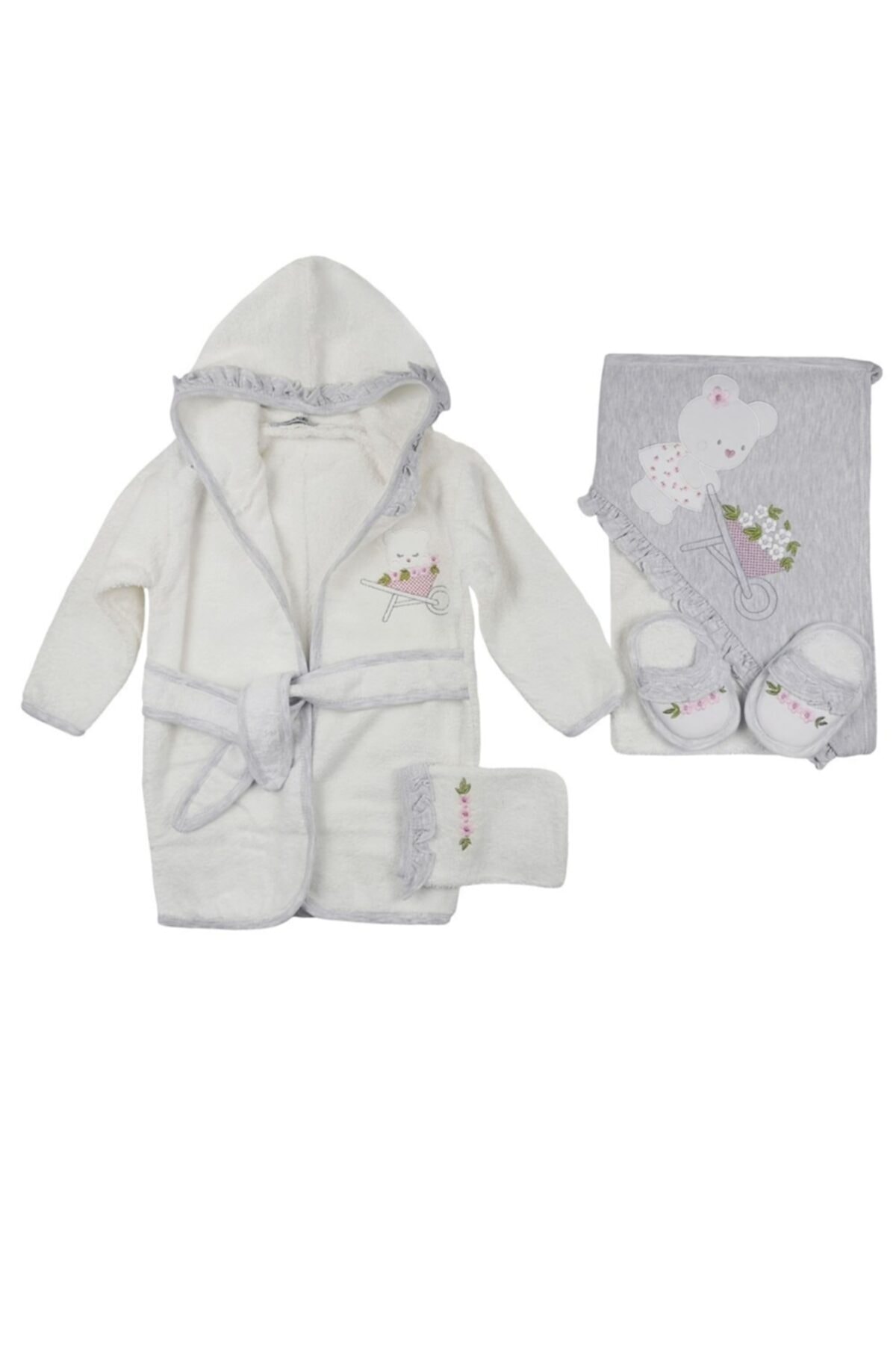 Gaye Bebe Çiçekli Ayıcık Nakışlı Bebek Bornoz 4lü Set