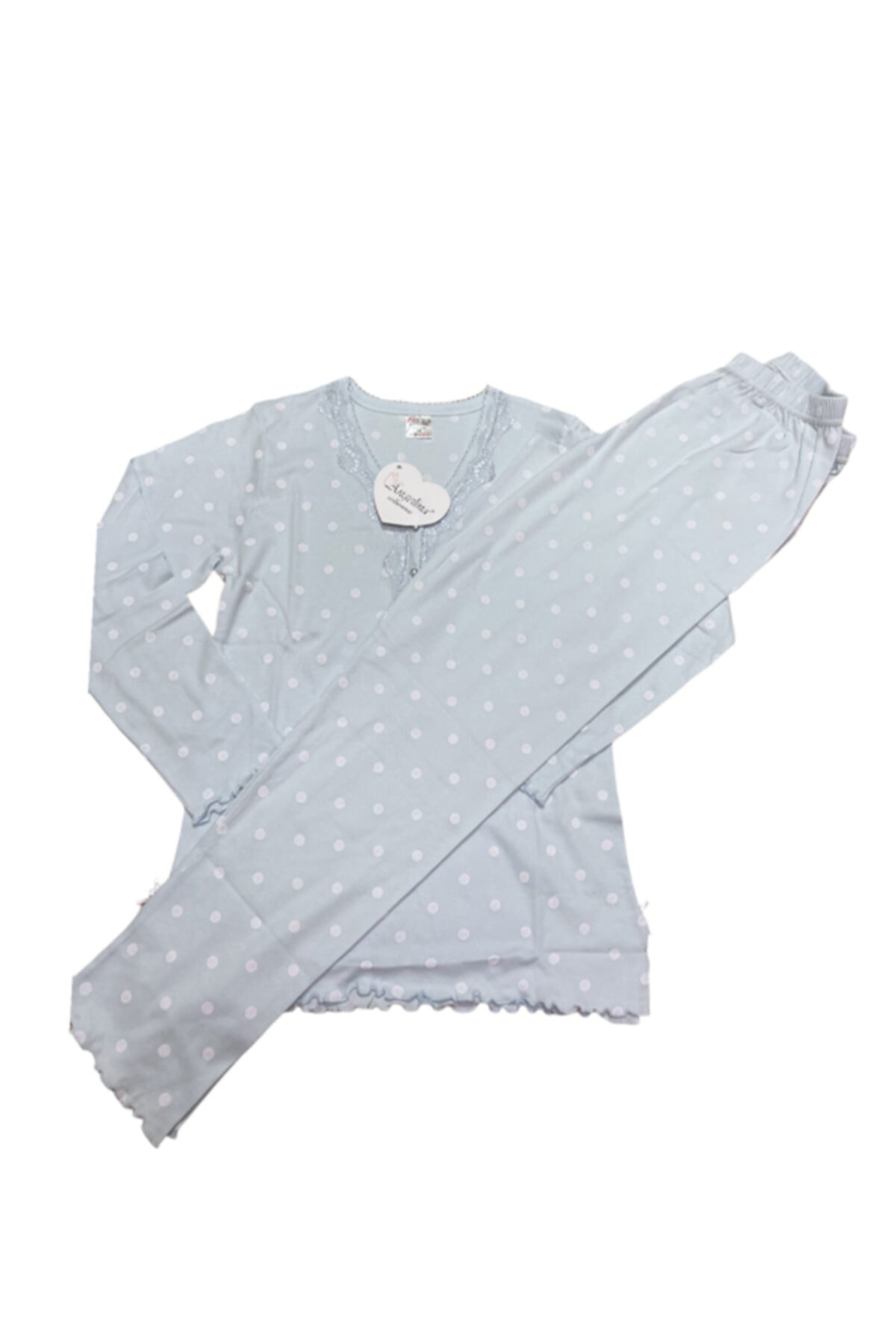 ANGELİNA Pijama Takımı Pamuklu Beyaz Puanlı