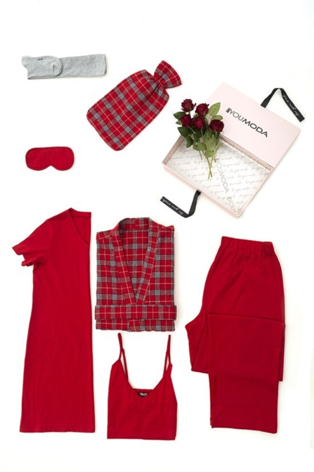 FOR YOU MODA Kadın 7 Li Pamuklu Sabahlıklı Pijama Takımı