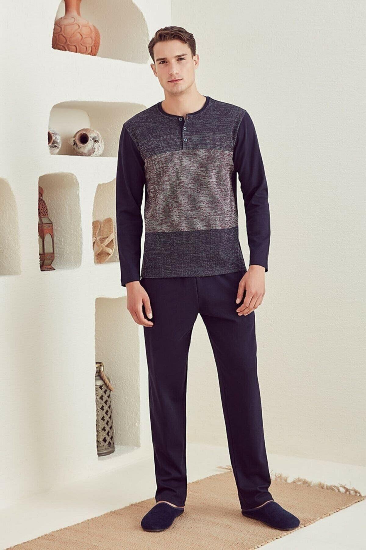 Eros Erkek 29110 Lacivert O Yaka Büyük Beden Pijama Takımı 22k