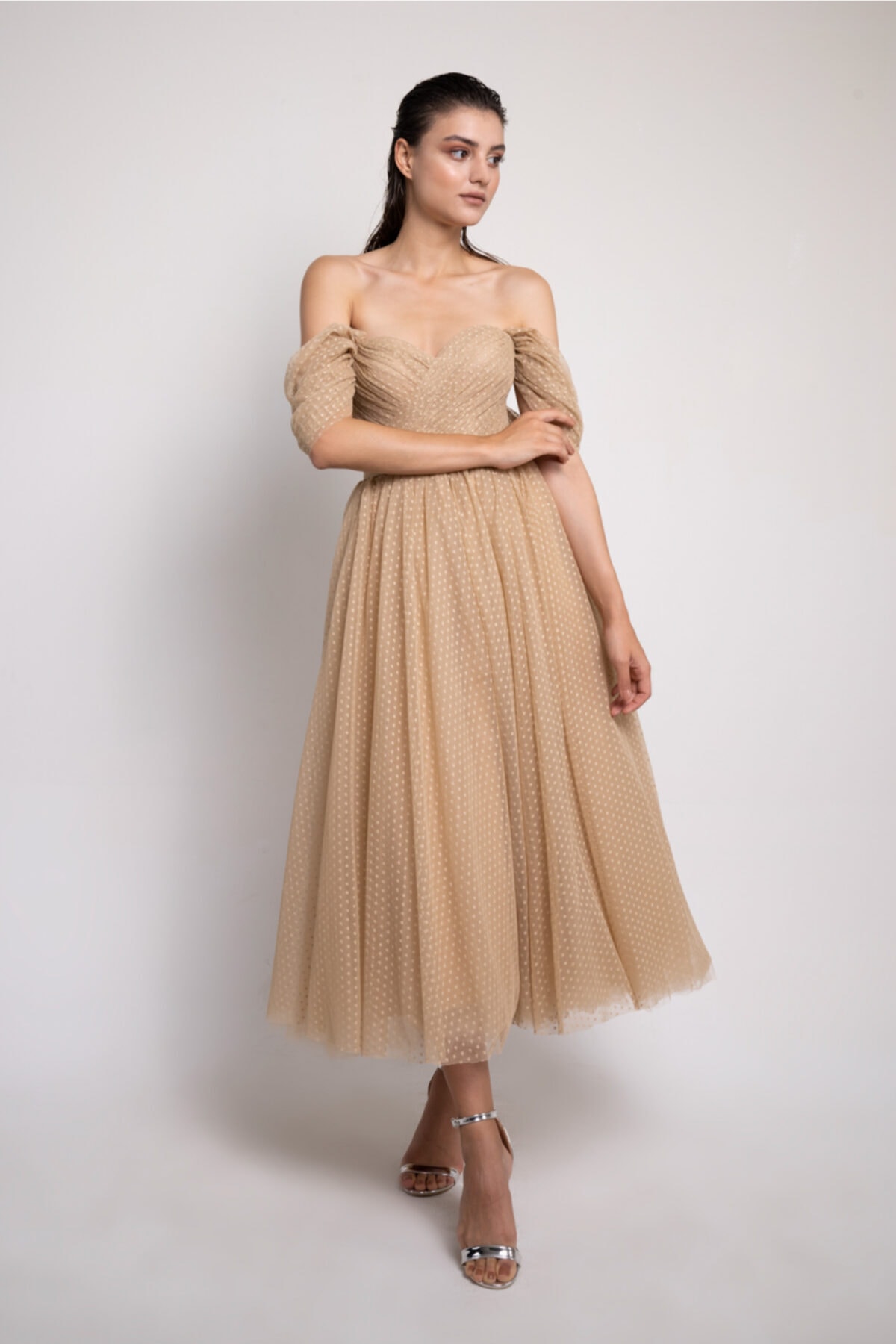 Lenta Moda Ten Rengi Puantiyeli Midi Boy Abiye/gece Elbisesi