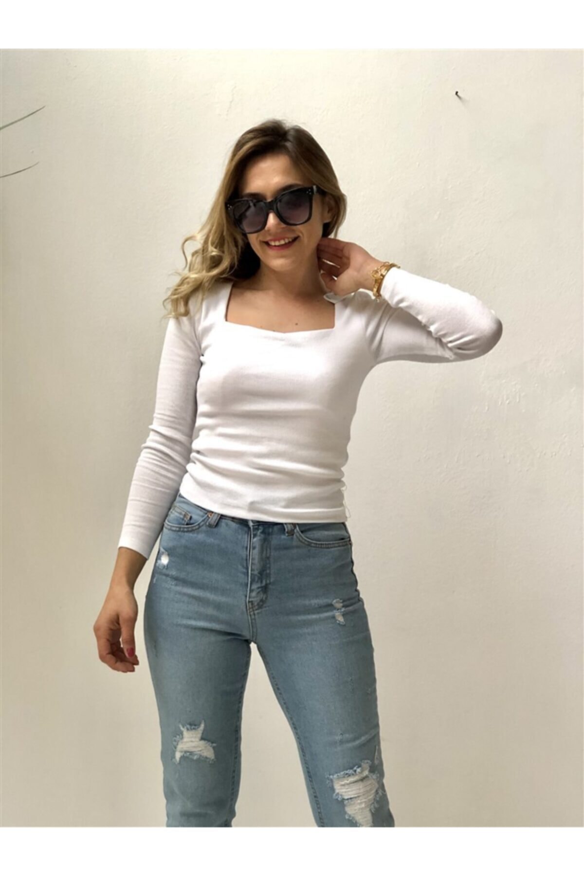 Gözde Tasarım Butik Beyaz Kare Yaka Kaşkorse Bluz
