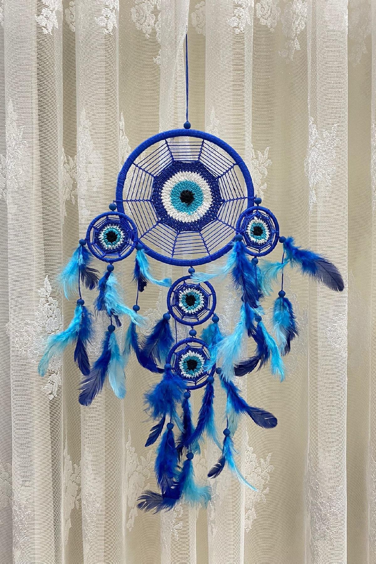Rosso Levanto Düş Kapanı, Mavi, Nazar, Rüya Kapanı, Kapı Süsü Çap:16 H:41 Cm Ev Bahçe Rüzgar Dreamcatcher
