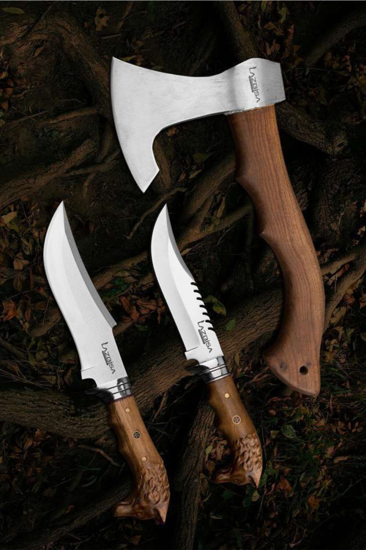 LAZBİSA Outdoor Balta Kamp Baltası Nacak Budama(32 Cm) Çakı Kamp Bıçağı Dövme Çelik (33 Cm-28.5 Cm) 3'lü Set