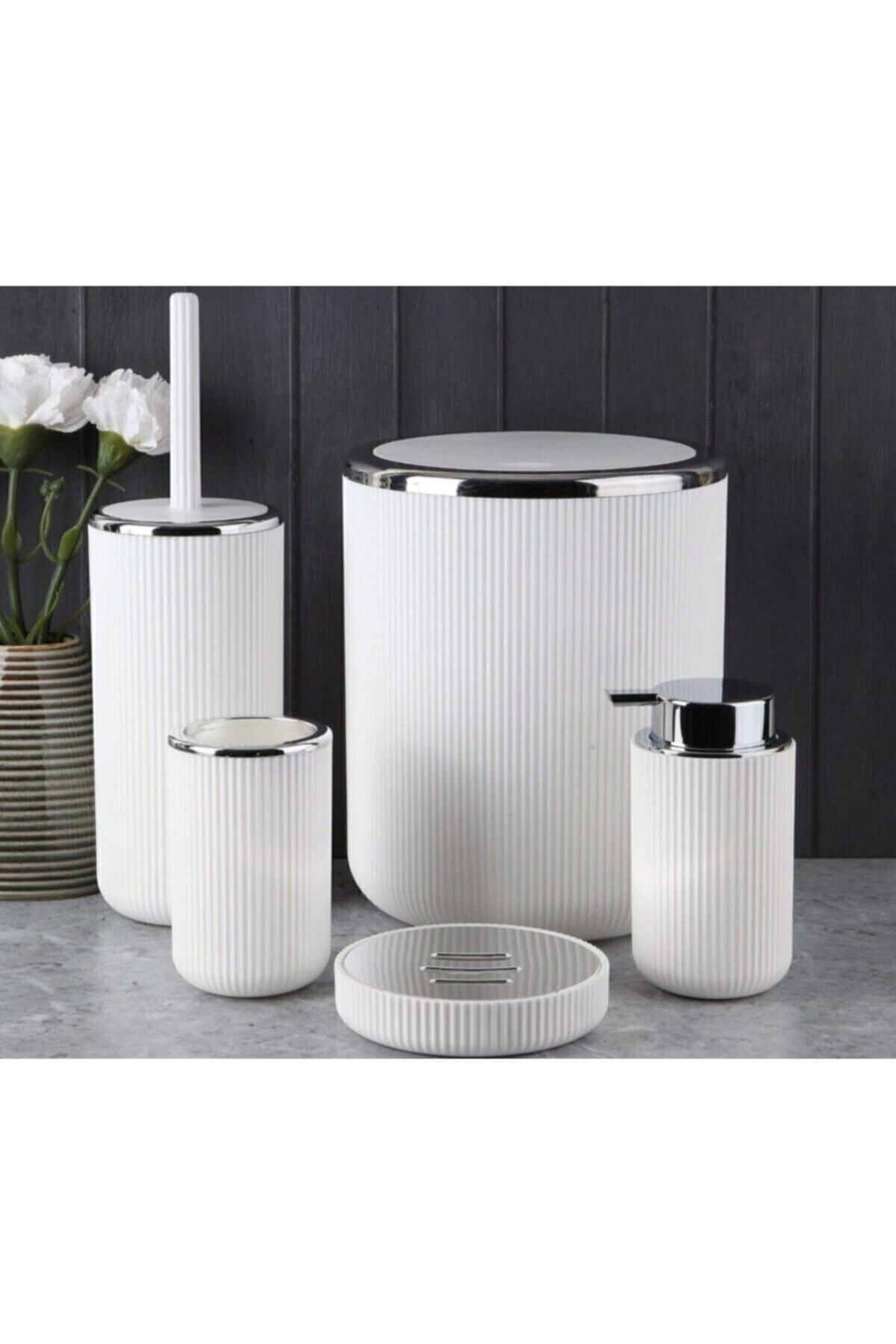 Perotti 5 Parça Beyaz Lisbone Gümüş Akrilik Banyo Seti Takımı Sıvı Sabunluk (ulus Concept)