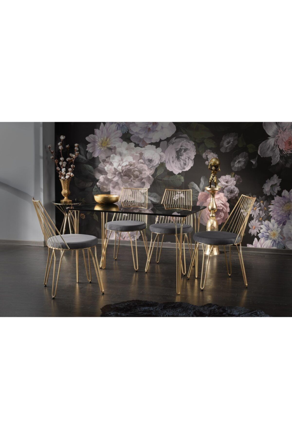 Sweet Home Sabit Tel Masa High Siyah Mermer Gold Ayak +4 Adet Lady Sandalye Gold