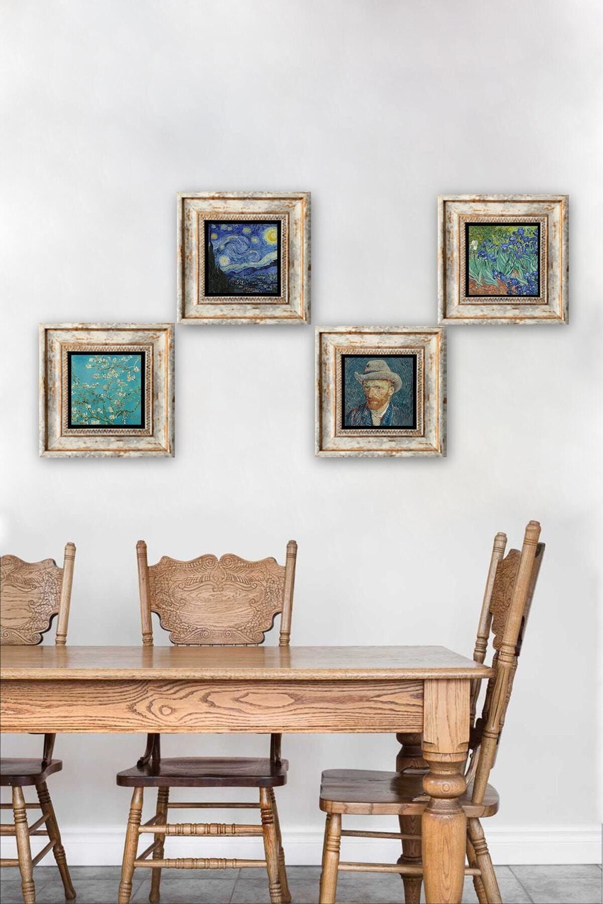 Pinecone Çerçeveli Taş Tablo Dekoratif Duvar Dekoru Vincent Van Gogh Özel Baskı 4 Parça Set (20*20cm)Wall Art
