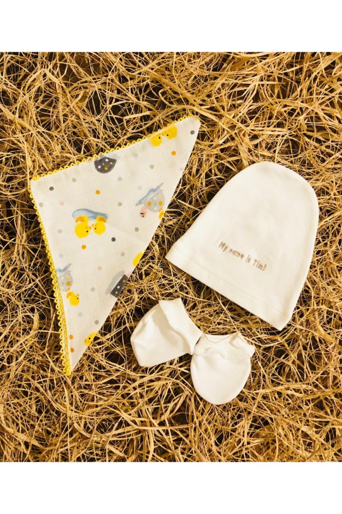 Pino Baby Yeni Doğan Unisex Bebek Şapka Eldiven Ve Müslin Ağız Mendili Set 0-6 Ay
