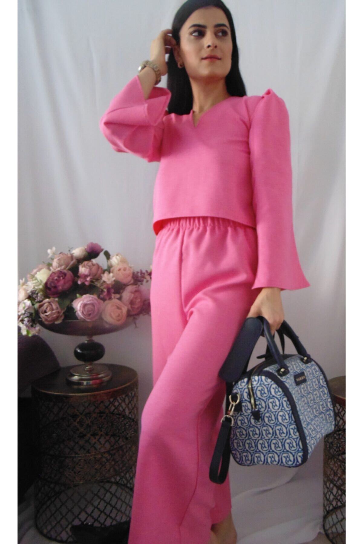 KUMLİNA Pembe Likralı Rahat Kumaş Bayan Ikili Takım