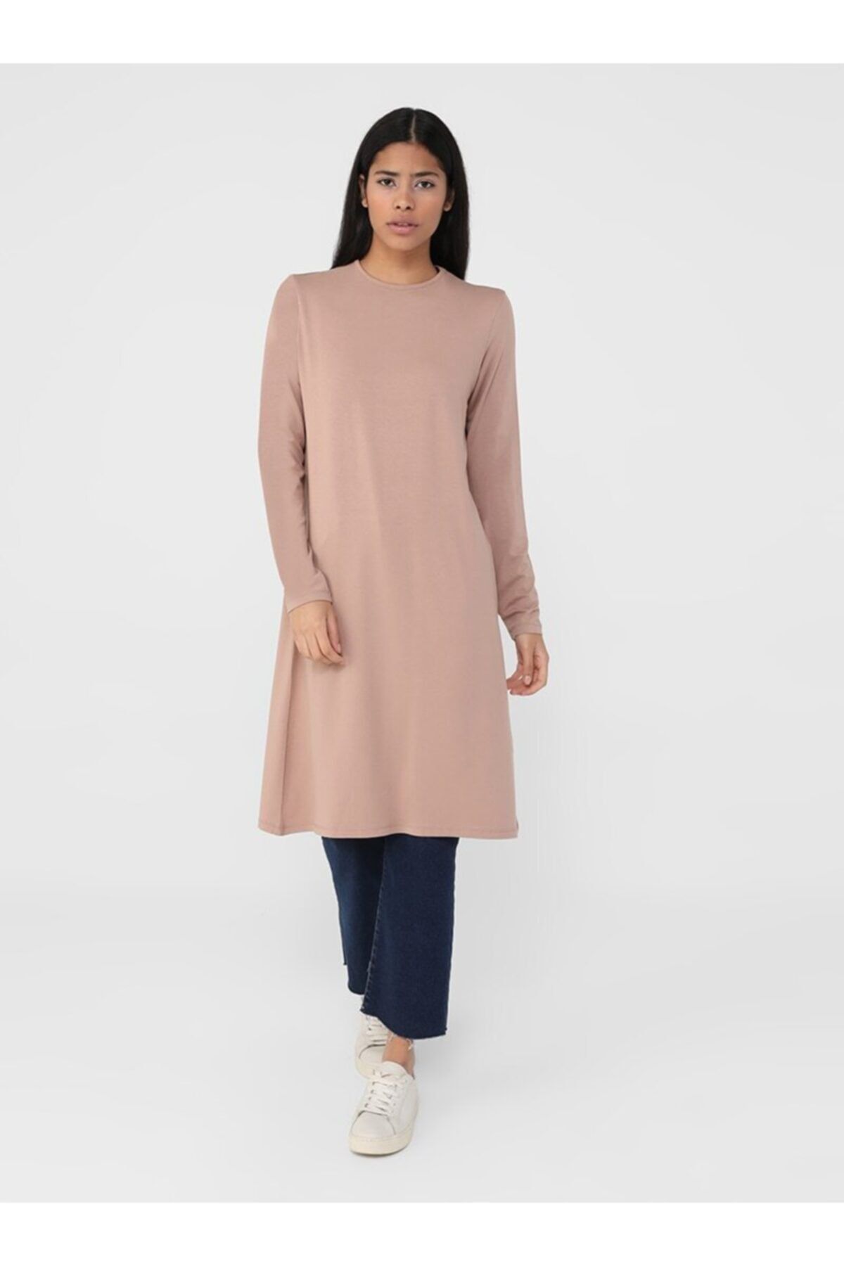 Refka Viskon Kumaştan Bisiklet Yaka Tunik - Sütlü Kahve - Basic