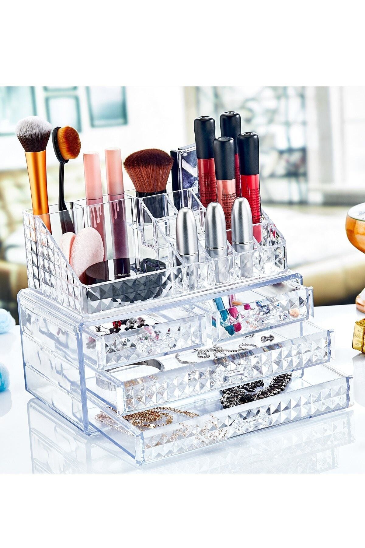 Okka Akrilik Lüx Diamond 4 Çekmeceli Ve 16 Bölmeli Lüx Makyaj Organizeri