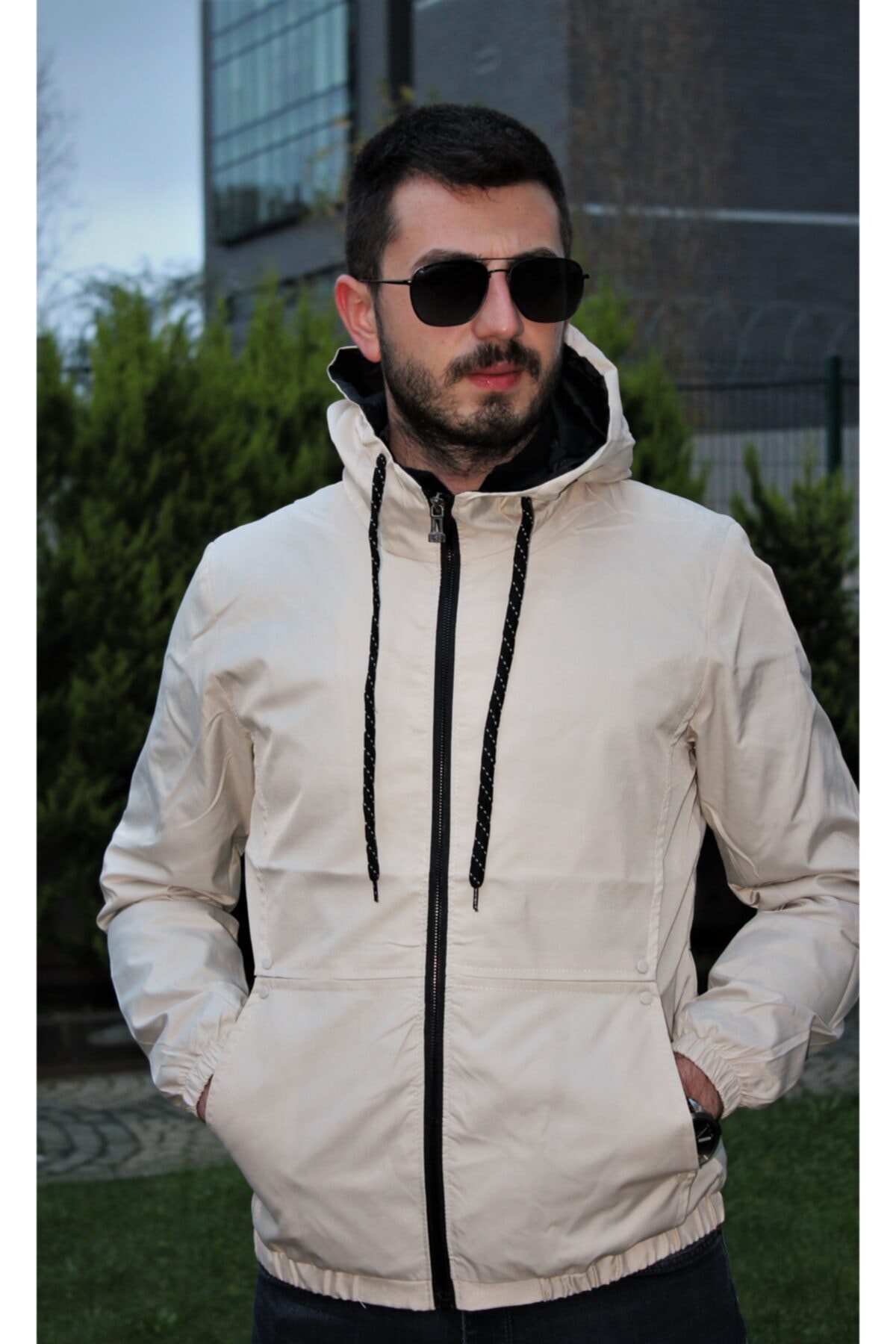 Louis Harbin Kapüşonlu Su Geçirmez Unisex Krem Yağmurluk