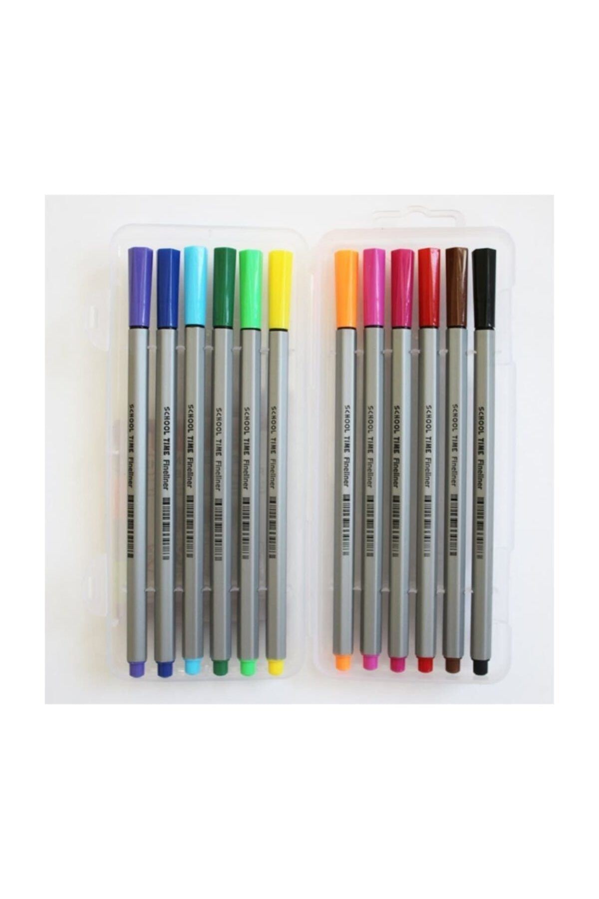 School Time Fineliner Keçe Uçlu Kalem 12 Renk Pvc Kutu