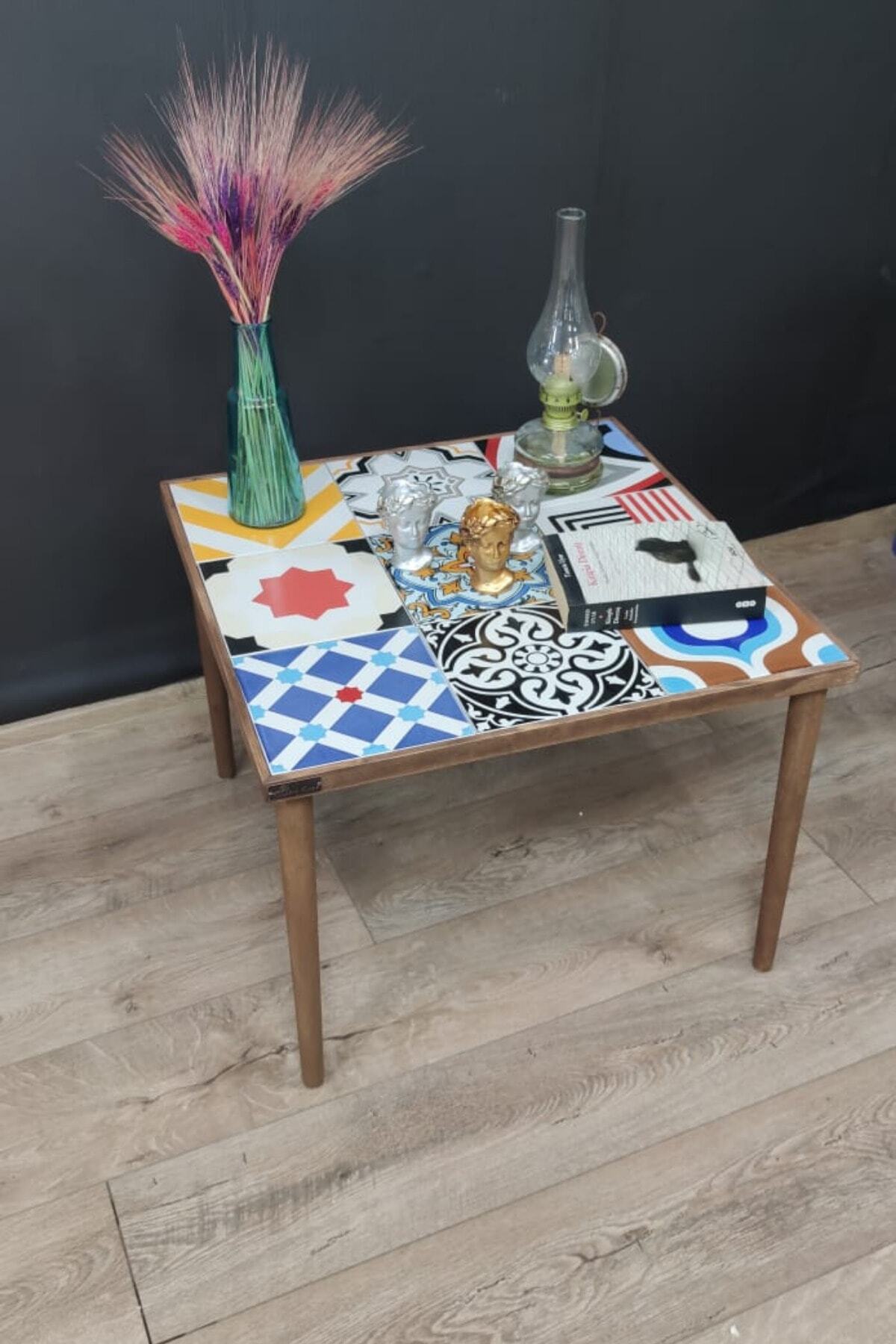 bluecape Burano Sehpa Ceviz 61x61cm Doğal Masif Seramik Orta Sehpa Salon Mobilya