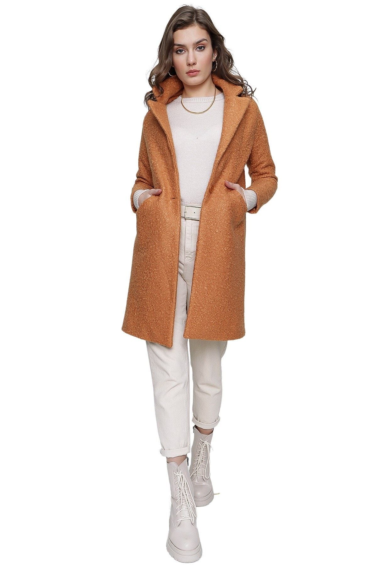 butikburuç Kadın Camel Oversize Kaşe Kaban