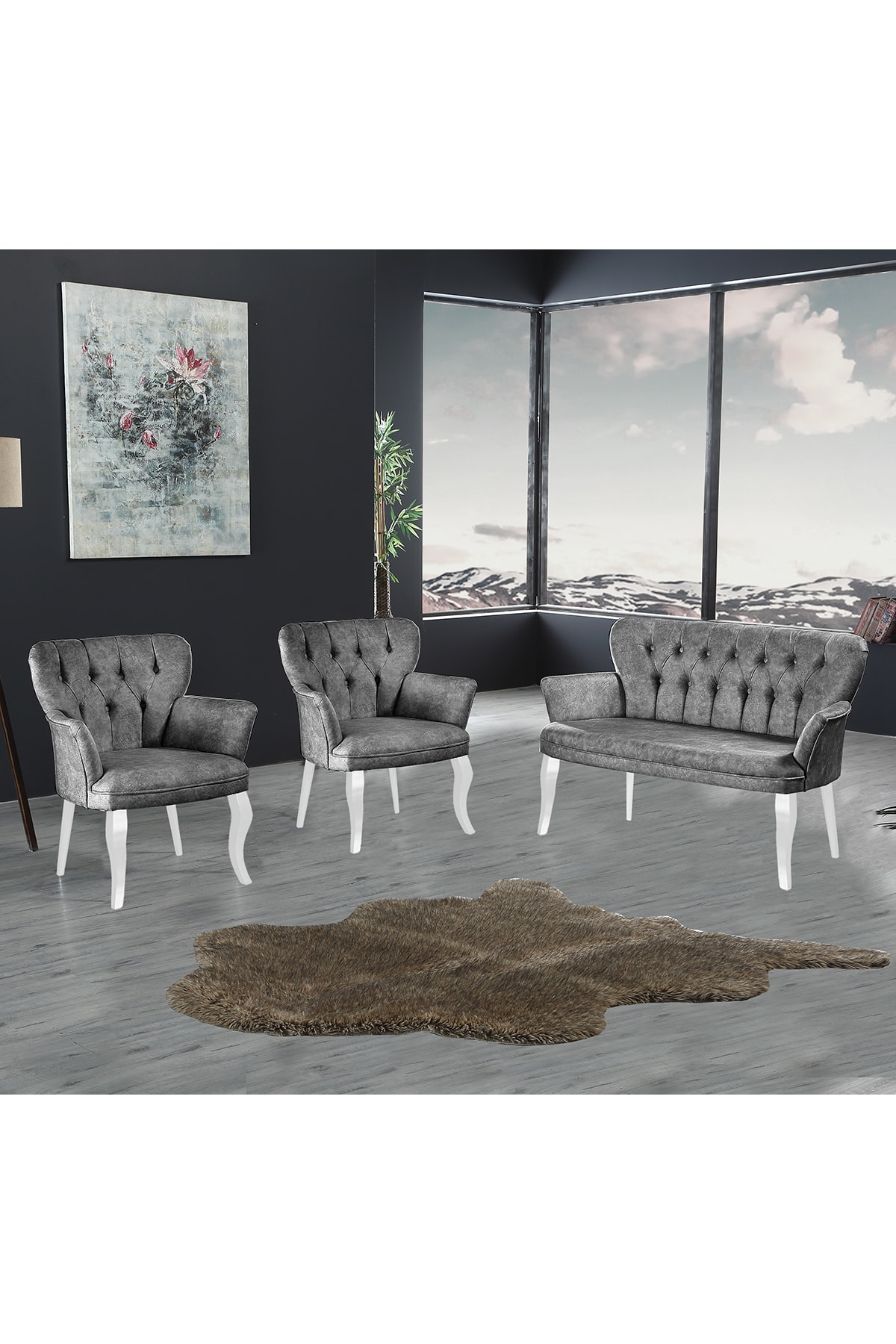 VIANEM Balkon Ofis Cafe Bahçe Çay Seti Kollu Takım | Beyaz Ahşap Ayak Gri