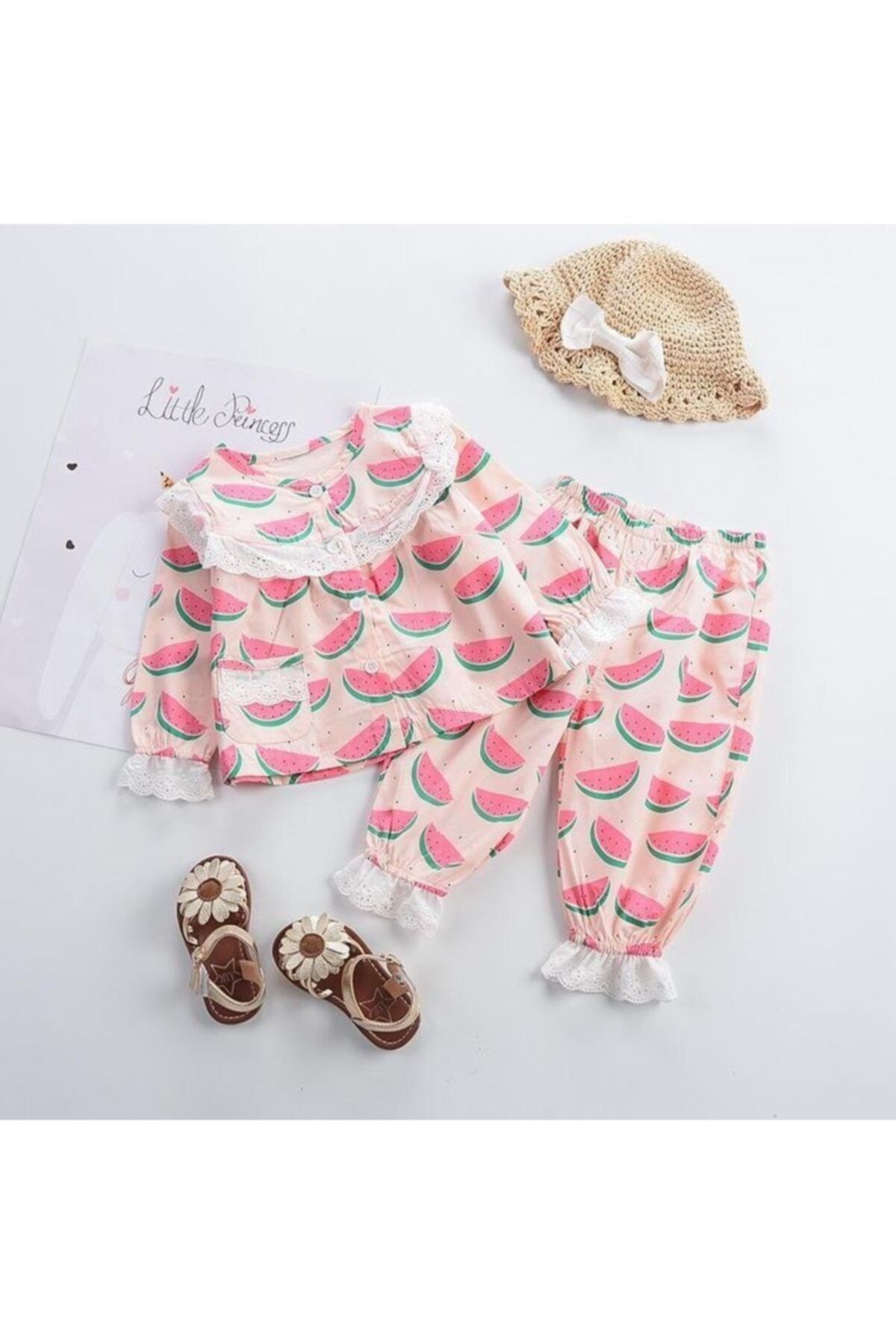Lemon Drop Babys Kız Cocuk Dantel Yaka Karpuz Desen 2 Li Pijama Takım