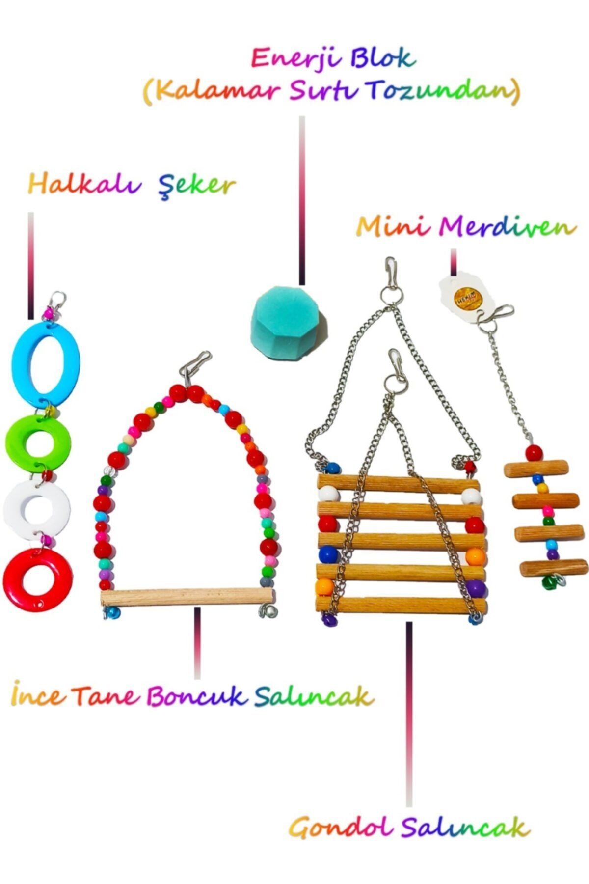 HEKİM PET 5li Set Kuş Oyuncağı Paketi Enerji Blok+gondol+salıncak+mini Merdiven+halkalı Şeker