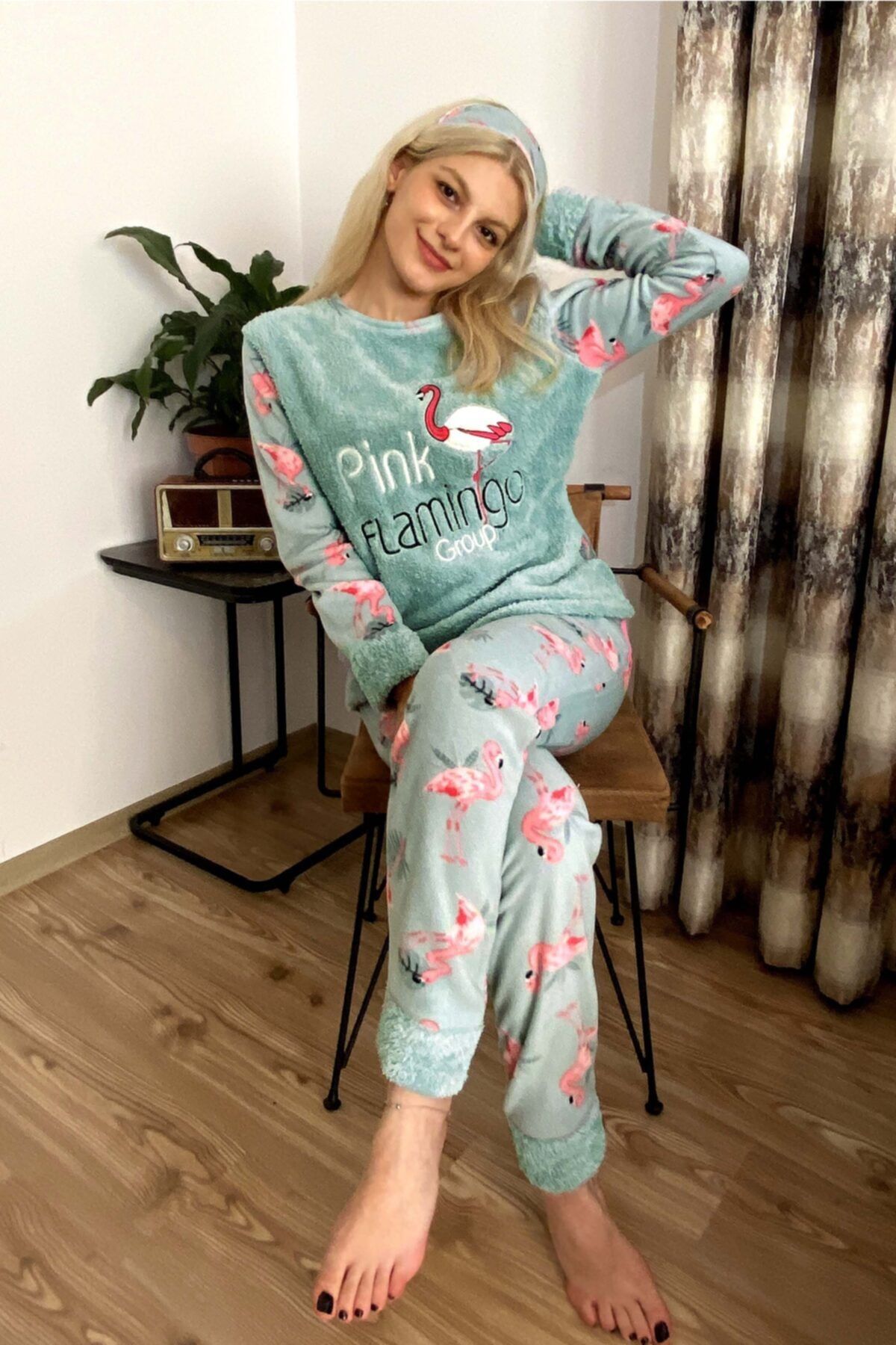 YEŞİL Kışlık Uzun Kollu Bayan Peluş Polar Pijama Takımı Ipeksi Doku