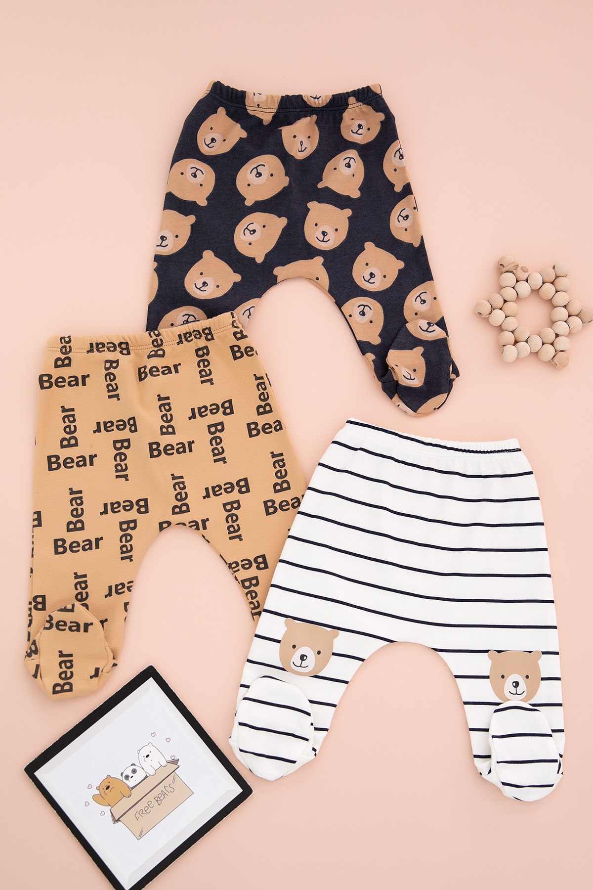 BabyWorldStore Erkek Bebek Tatlı Bear Ayıcık 3 Lü Patikli Tek Alt Takım