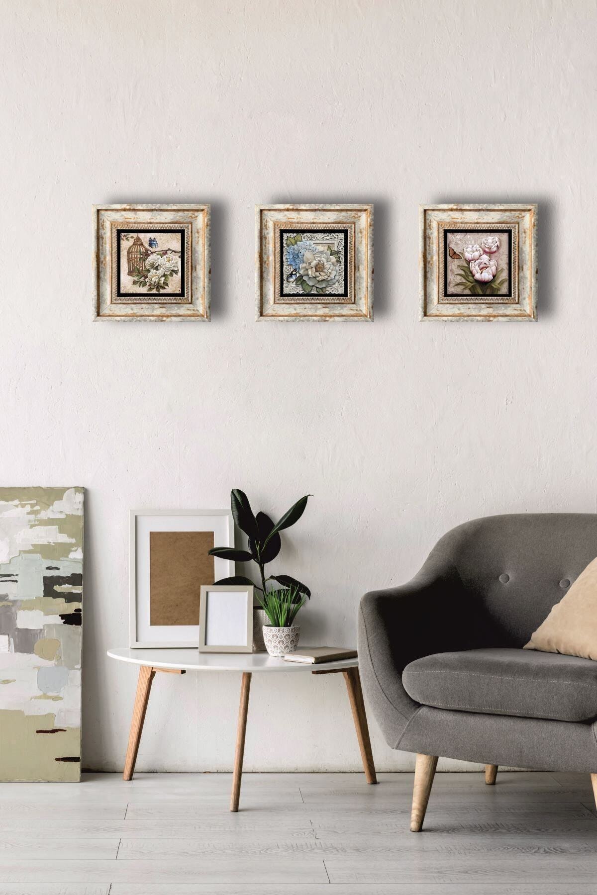 Pinecone Çerçeveli Taş Tablo Dekoratif Duvar Dekoru Kelebekli Çiçekler Serisi Özel Baskı (20*20cm) Wall Art
