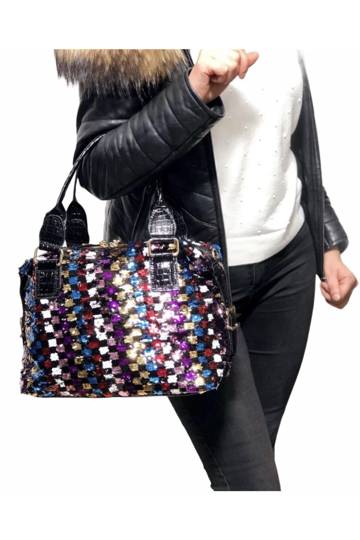 Katun Çanta Çok Renkli Payetli Deri Saplı Şık Çanta