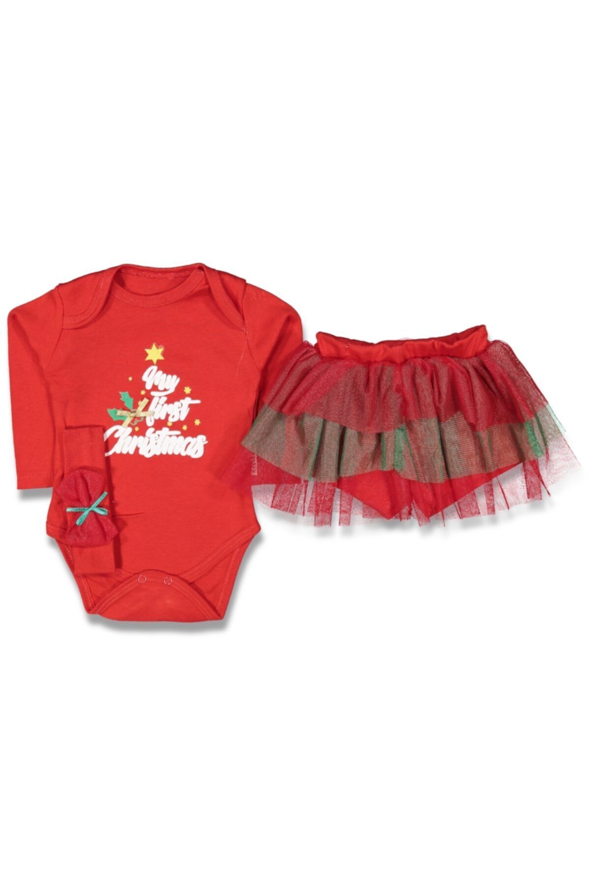 Veletto Yeni Yıl Temalı Tütülü Body Zıbın Noel Baba Bandanalı 0-3 Ay Takım My First Chirstmas