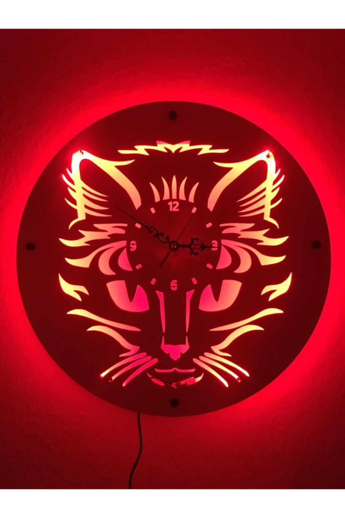 tasarlayaptir Led Işıklı Ahşap Kedi Saat Duvar Saati Lazer Kesim Beyaz